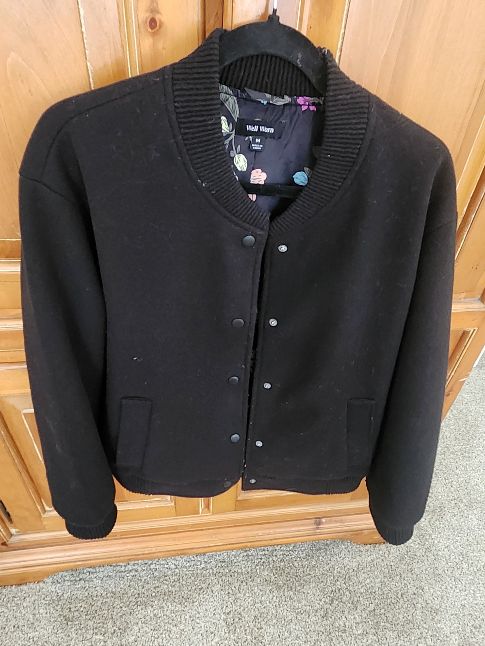 Well Worn Black Bomber Jacket with Floral Lining